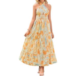imageZESICA Womens 2025 Summer Crossover Halter Neck Sleeveless Plaid Cut Out Backless Flowy A Line Maxi DressSunsetyellow