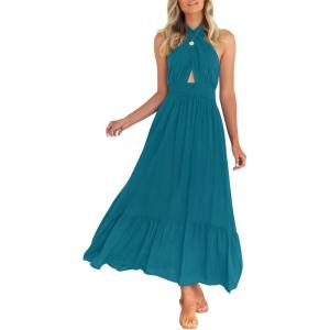 imageZESICA Womens 2025 Summer Crossover Halter Neck Sleeveless Plaid Cut Out Backless Flowy A Line Maxi DressTeal