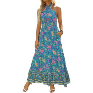 imageZESICA Womens 2025 Summer Crossover Halter Neck Sleeveless Plaid Cut Out Backless Flowy A Line Maxi DressVintagegreen