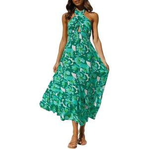 imageZESICA Womens 2025 Summer Crossover Halter Neck Sleeveless Plaid Cut Out Backless Flowy A Line Maxi DressViridis