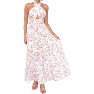 imageZESICA Womens 2025 Summer Crossover Halter Neck Sleeveless Plaid Cut Out Backless Flowy A Line Maxi DressWhite