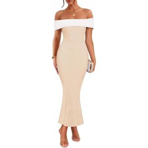 imageZESICA Womens 2025 Summer Off The Shoulder Knit Maxi Dresses Sleeveless Color Block Formal Party Bodycon DressApricot