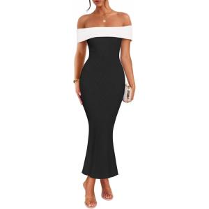 imageZESICA Womens 2025 Summer Off The Shoulder Knit Maxi Dresses Sleeveless Color Block Formal Party Bodycon DressBlack