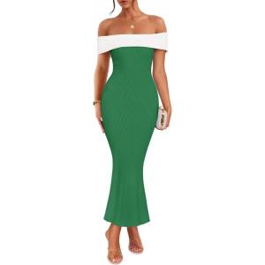 imageZESICA Womens 2025 Summer Off The Shoulder Knit Maxi Dresses Sleeveless Color Block Formal Party Bodycon DressGreen