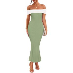 imageZESICA Womens 2025 Summer Off The Shoulder Knit Maxi Dresses Sleeveless Color Block Formal Party Bodycon DressLight Green