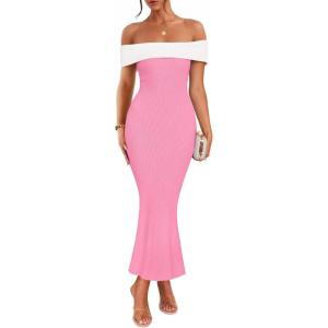 imageZESICA Womens 2025 Summer Off The Shoulder Knit Maxi Dresses Sleeveless Color Block Formal Party Bodycon DressPink