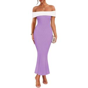 imageZESICA Womens 2025 Summer Off The Shoulder Knit Maxi Dresses Sleeveless Color Block Formal Party Bodycon DressPurple