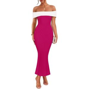 imageZESICA Womens 2025 Summer Off The Shoulder Knit Maxi Dresses Sleeveless Color Block Formal Party Bodycon DressRose