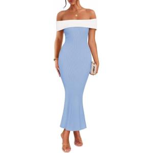 imageZESICA Womens 2025 Summer Off The Shoulder Knit Maxi Dresses Sleeveless Color Block Formal Party Bodycon DressSky