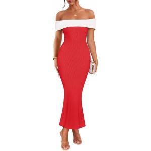 imageZESICA Womens 2025 Summer Off The Shoulder Knit Maxi Dresses Sleeveless Color Block Formal Party Bodycon DressWatermelon