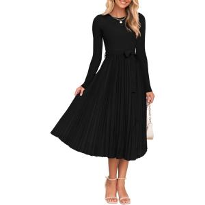 imageZESICA Womens Fall Long Sleeve Midi Dress Casual Crewneck Knit Belted Pleated A Line Flowy Party DressesBlack
