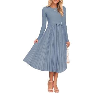 imageZESICA Womens Fall Long Sleeve Midi Dress Casual Crewneck Knit Belted Pleated A Line Flowy Party DressesDusty Blue