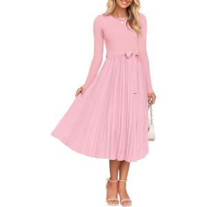 imageZESICA Womens Fall Long Sleeve Midi Dress Casual Crewneck Knit Belted Pleated A Line Flowy Party DressesLight Pink