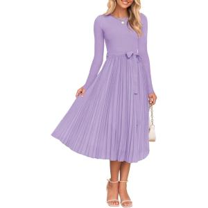 imageZESICA Womens Fall Long Sleeve Midi Dress Casual Crewneck Knit Belted Pleated A Line Flowy Party DressesPurple