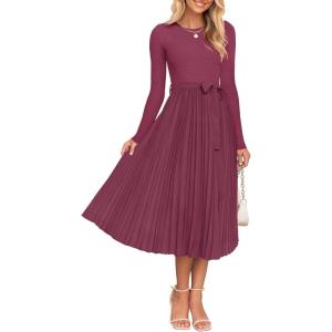 imageZESICA Womens Fall Long Sleeve Midi Dress Casual Crewneck Knit Belted Pleated A Line Flowy Party DressesPurple Red