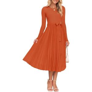 imageZESICA Womens Fall Long Sleeve Midi Dress Casual Crewneck Knit Belted Pleated A Line Flowy Party DressesRust