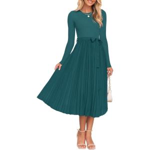 imageZESICA Womens Fall Long Sleeve Midi Dress Casual Crewneck Knit Belted Pleated A Line Flowy Party DressesTeal