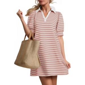 imageZESICA Womens Summer Casual Striped Mini Dresses 2025 Lapel V Neck Short Sleeve Flowy A Line T Shirt DressPink