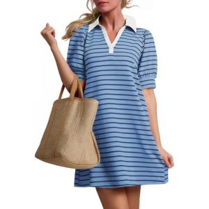 imageZESICA Womens Summer Casual Striped Mini Dresses 2025 Lapel V Neck Short Sleeve Flowy A Line T Shirt DressSkyblue