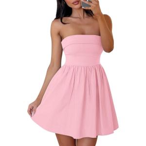 imageZESICA Womens Summer Strapless Mini Dress 2025 Sexy Off Shoulder High Waist A Line Swing Party Short DressesPink