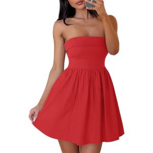 imageZESICA Womens Summer Strapless Mini Dress 2025 Sexy Off Shoulder High Waist A Line Swing Party Short DressesRed