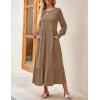 imageZESICA Womens Spring Long Sleeve Dress 2025 Crewneck Casual Loose Pleated Tiered Swing Midi Dresses with PocketsKhaki