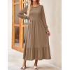 imageZESICA Womens Spring Long Sleeve Dress 2025 Crewneck Casual Loose Pleated Tiered Swing Midi Dresses with PocketsKhaki