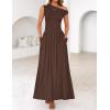 imageZESICA Womens Summer 2025 Sleeveless Maxi Dress One Shoulder Casual Slim Swing Pleated Formal Dresses with PocketsBrown