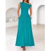 imageZESICA Womens Summer 2025 Sleeveless Maxi Dress One Shoulder Casual Slim Swing Pleated Formal Dresses with PocketsTeal
