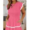 imageZESICA Womens Summer Flutter Short Sleeve Smocked Midi Dress Casual High Waist Rickrack Tiered Flowy DressesHot Pink