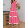 imageZESICA Womens Summer Flutter Short Sleeve Smocked Midi Dress Casual High Waist Rickrack Tiered Flowy DressesHot Pink