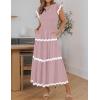 imageZESICA Womens Summer Flutter Short Sleeve Smocked Midi Dress Casual High Waist Rickrack Tiered Flowy DressesPink