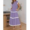 imageZESICA Womens Summer Flutter Short Sleeve Smocked Midi Dress Casual High Waist Rickrack Tiered Flowy DressesPurple
