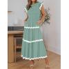 imageZESICA Womens Summer Flutter Short Sleeve Smocked Midi Dress Casual High Waist Rickrack Tiered Flowy DressesTurquoise