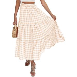 imageZESICA Womens 2025 Summer Plaid Flower Elastic High Waist Flowy A Line Maxi Skirt with PocketsApricot