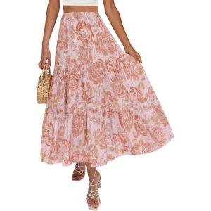 imageZESICA Womens 2025 Summer Plaid Flower Elastic High Waist Flowy A Line Maxi Skirt with PocketsPinkbrown