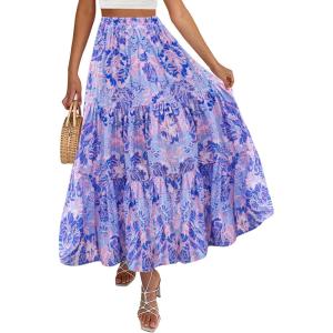 imageZESICA Womens 2025 Summer Plaid Flower Elastic High Waist Flowy A Line Maxi Skirt with PocketsViolet