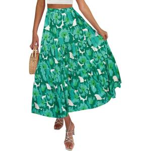 imageZESICA Womens 2025 Summer Plaid Flower Elastic High Waist Flowy A Line Maxi Skirt with PocketsViridis