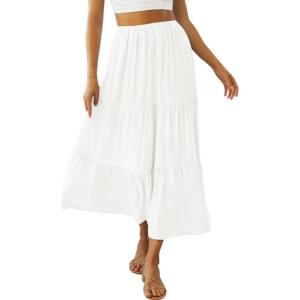 imageZESICA Womens 2025 Summer Plaid Flower Elastic High Waist Flowy A Line Maxi Skirt with PocketsWhite