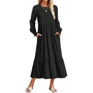imageZESICA Womens Spring Long Sleeve Dress 2025 Crewneck Casual Loose Pleated Tiered Swing Midi Dresses with PocketsBlack