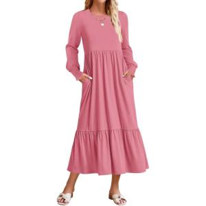 imageZESICA Womens Spring Long Sleeve Dress 2025 Crewneck Casual Loose Pleated Tiered Swing Midi Dresses with PocketsPink