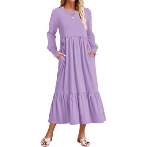 imageZESICA Womens Spring Long Sleeve Dress 2025 Crewneck Casual Loose Pleated Tiered Swing Midi Dresses with PocketsPurple