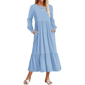 imageZESICA Womens Spring Long Sleeve Dress 2025 Crewneck Casual Loose Pleated Tiered Swing Midi Dresses with PocketsSky