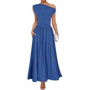 imageZESICA Womens Summer 2025 Sleeveless Maxi Dress One Shoulder Casual Slim Swing Pleated Formal Dresses with PocketsBlue