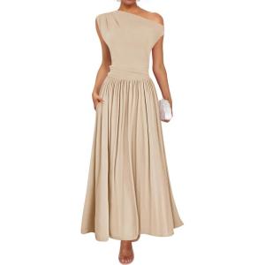 imageZESICA Womens Summer 2025 Sleeveless Maxi Dress One Shoulder Casual Slim Swing Pleated Formal Dresses with PocketsSand