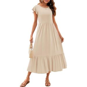 imageZESICA Womens Summer Casual Dresses Flutter Short Sleeve Crewneck Loose Flowy Tiered Beach Maxi Dress with PocketsApricot
