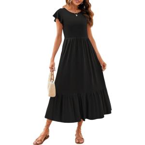 imageZESICA Womens Summer Casual Dresses Flutter Short Sleeve Crewneck Loose Flowy Tiered Beach Maxi Dress with PocketsBlack