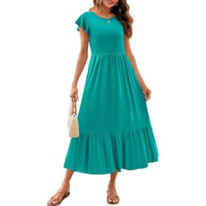 imageZESICA Womens Summer Casual Dresses Flutter Short Sleeve Crewneck Loose Flowy Tiered Beach Maxi Dress with PocketsLakegreen