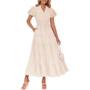 imageZESICA Womens Summer Casual Maxi Dress 2025 Puff Short Sleeve V Neck Ruffle Tiered Flowy Boho Beach DressesApricot