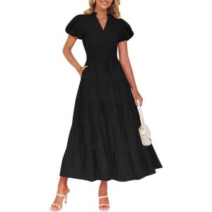 imageZESICA Womens Summer Casual Maxi Dress 2025 Puff Short Sleeve V Neck Ruffle Tiered Flowy Boho Beach DressesBlack